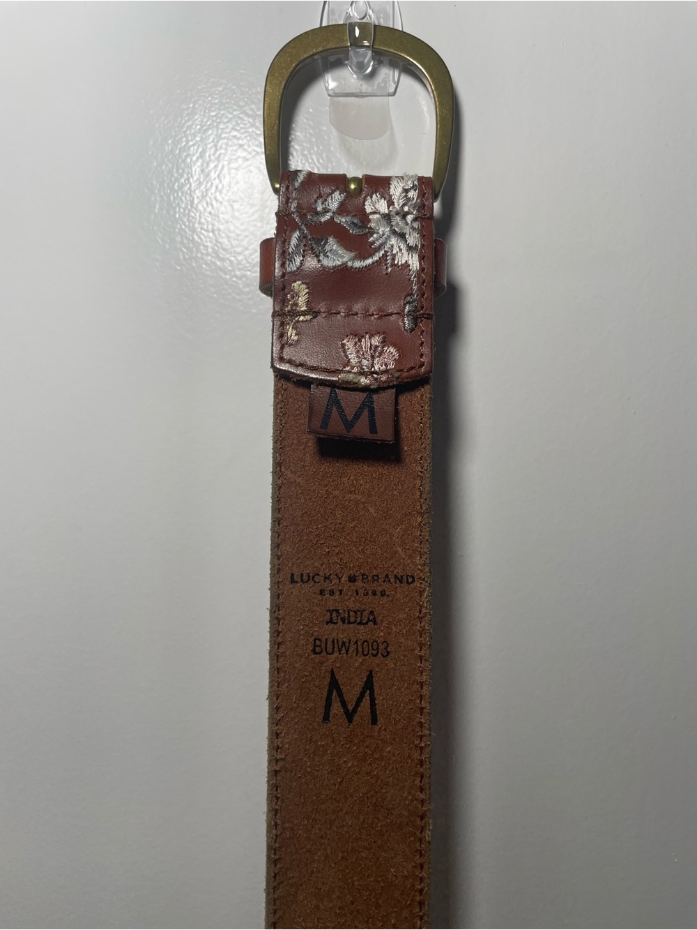 Lucky Brand Brown Leather Belt with Floral Embroidery and Brass Buckle - Picture 2 of 4